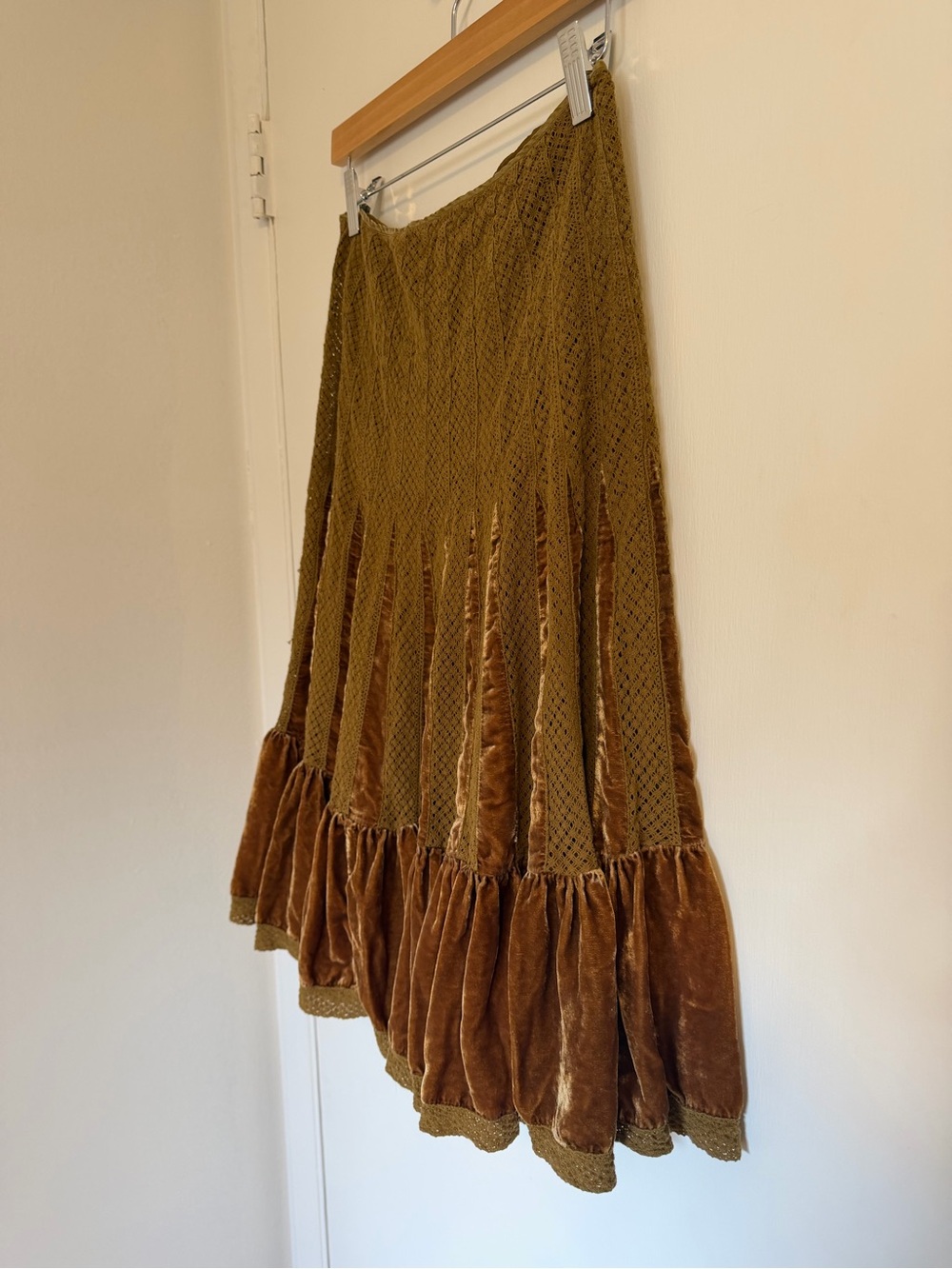 Free People Olive Brown Velvet-Panel Midi Skirt - Picture 2 of 8